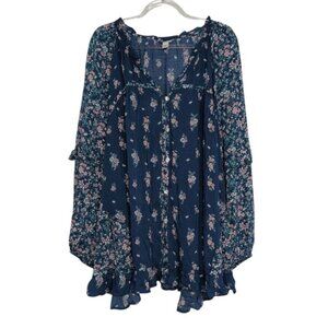 Cato Floral Shirt Womens Size 22/24W Blue Boho Casual V Neck Button Front Rayon
